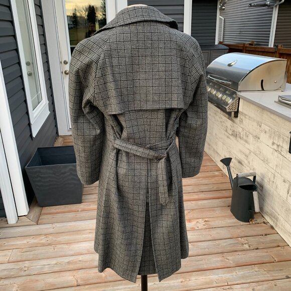 Vintage Wool Tweed Houndstooth Plaid Double Breasted Belted Trench Coat Overcoat - Picture 7 of 16